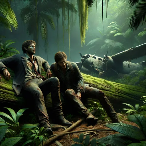 Prompt: Photorealistic jungle, distressed fearful (two Caucasian men) lying on log, close-up, wearing  tattered modern suits, sprawled, signs of a crashed plane in the background, vibrant colors, jungle tones, dramatic lighting, high detail on two men, depth, realistic vegetation and textures, atmospheric, tense mood, ultra-detailed, 4K quality.