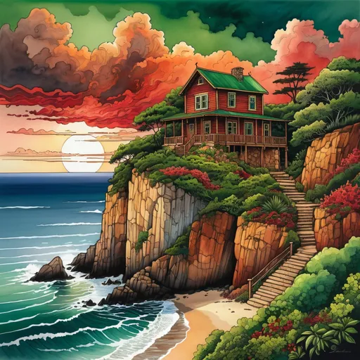 Prompt: Colored ink drawing of a small wooden house perched on a steep dirt cliff, magnificent brown, green, and red clouds above, rocky beach and ocean below, detailed foliage and vines, high quality, colored ink, magnificent clouds, detailed house, steep cliff, rocky beach, ocean, natural colors, atmospheric lighting