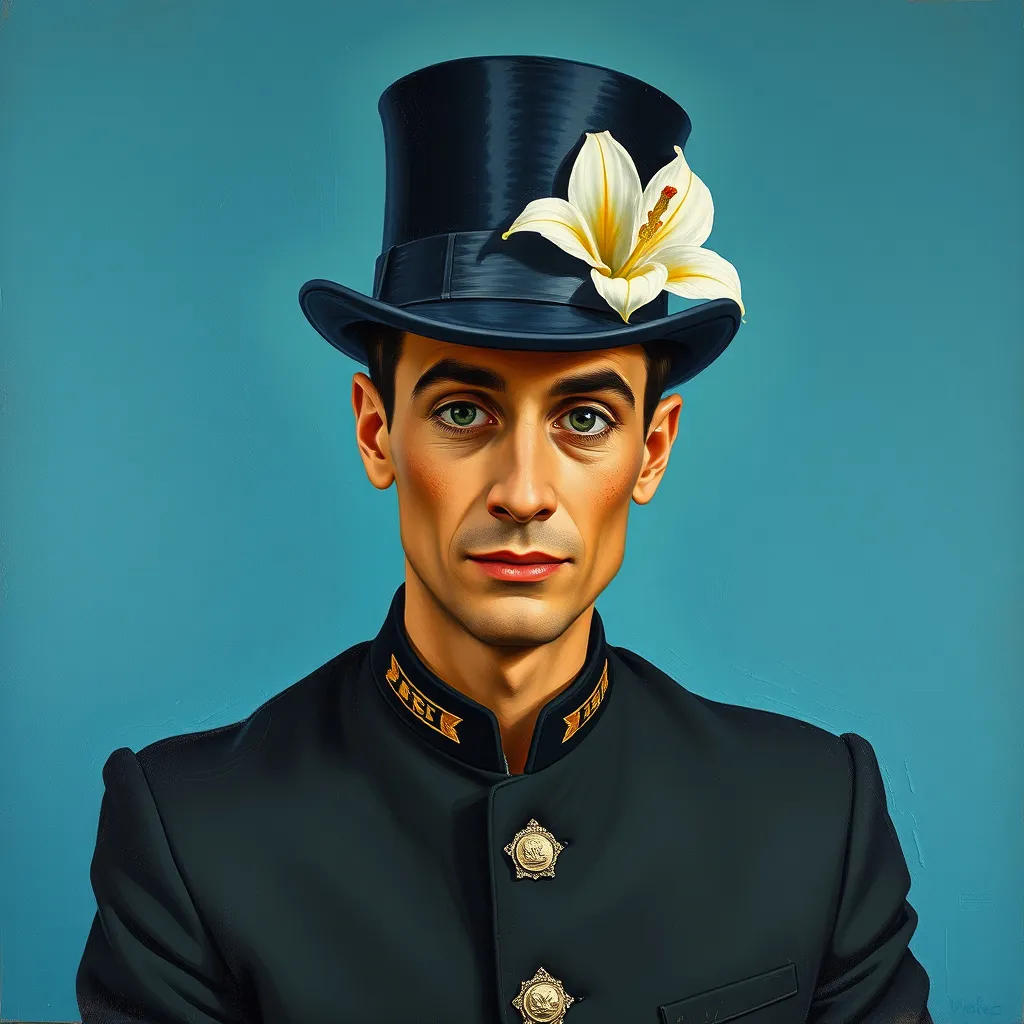 Prompt: a medium length thick impasto oil painting of a playful tall brown-gray green-eyed freckled man wearing a black Nehru jacket with military medal and a top hat with a Lily in the hat band. He is painted against a teal blue background, milo manara style,