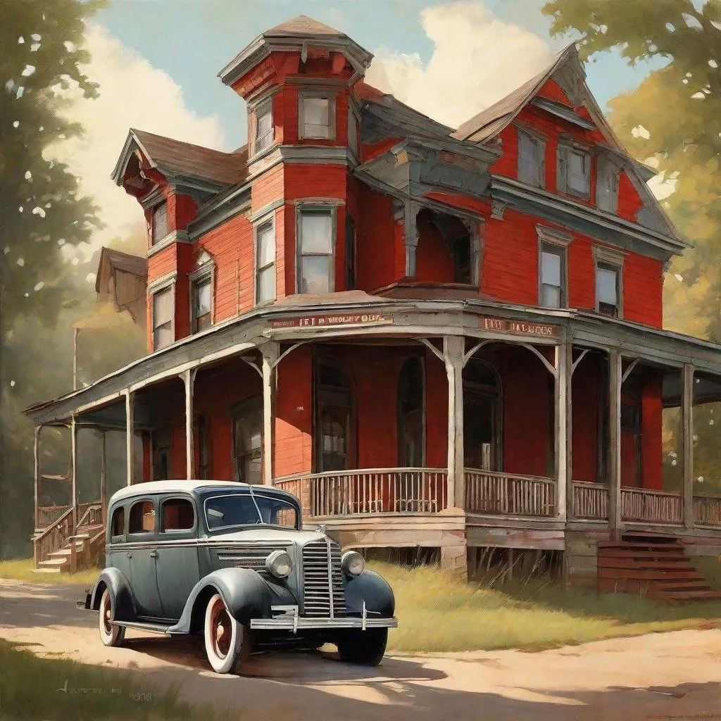 Prompt: Style of Norman Rockwell. Three story gray Midwestern rural 19th century hotel with faded red trim, heavily distressed wooden hotel, wraparound porches, bow windows, old distressed faded paint 1930s car parked nearby, vintage atmosphere, detailed old worn wooden architecture, serene countryside setting, high quality, vintage illustration, warm tones, nostalgic lighting.