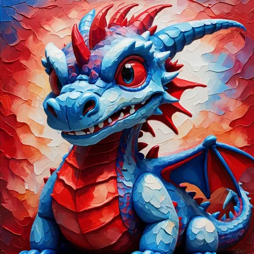Prompt: Portrait of a plush toy red and blue teenage happy dragon, dragon, thick impasto, impressionism, vibrant blues and reds, detailed texture, intense brushstrokes, high quality, thick paint layers, plush toy dragon, impressionist style, vibrant colors, detailed texture, professional lighting