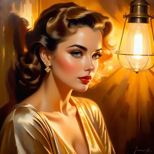 Prompt: Shy beautiful woman bathed in golden spotlight, detailed characters, vintage oil painting, expressive brushstrokes, warm earthy tones, dramatic lighting, James Avati style, 1956 trailer camp, professional, detailed face, vintage, dramatic atmosphere, high quality, warm tones, detailed brushwork, emotional lighting