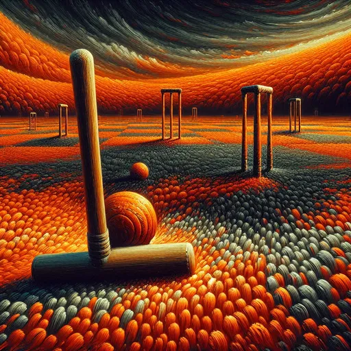 Prompt: Close up, one Croquet mallet, one croquet wicket, one croquet ball. large lawn, orange and black tones, heavy thick impasto oil painting. Surreal impression.