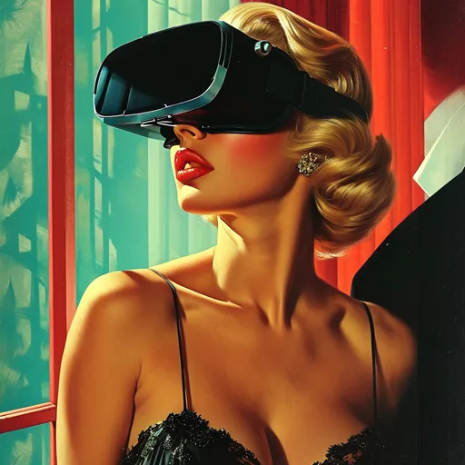 Prompt: (1950s pulp style art), dramatic lighting, small breasted blonde woman with VR goggles, wearing a cocktail dress, sinister man in tux approaching, menacing pose with garden clippers, suspenseful scene, bold and vibrant colors, retro illustration, high detail, cinematic atmosphere, tension-filled composition, stark contrasts, dramatic depth.