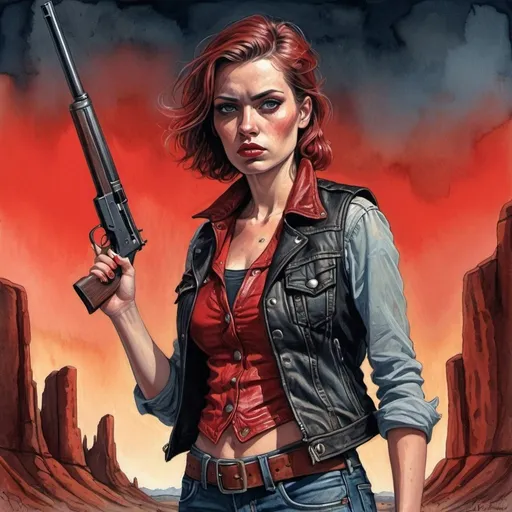 Prompt: Surreal Pulp style illustration of a lone rugged female wanderer, distressed tight jeans clothing, rifle, leather vest, red and black tones, colored inks, gouache, watercolor, colored pencils, strong colors, professional, detailed eyes, atmospheric lighting