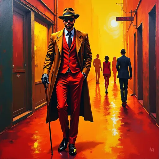 Prompt: "Full length full body thick impasto oil painting art by Robert Maguire, invent a tight red and yellow pimp suit, long brown coat, pimp hat, cane or walking stick, short 
 hair and beard Caucasian male protagonist, vibrant [N O I R] character with noir bar neon alleyway wanton women in distant background"