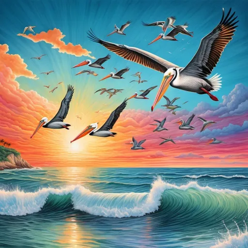 Prompt: Surreal colored pencil illustration of pelicans flying over a coastal ocean, vibrant colors, imaginative setting, detailed pencil strokes, high quality, surreal, vibrant colors, coastal, pelicans, formation, detailed feathers, imaginative, colored pencil, ocean, flying birds, vibrant, highres, detailed strokes, professional