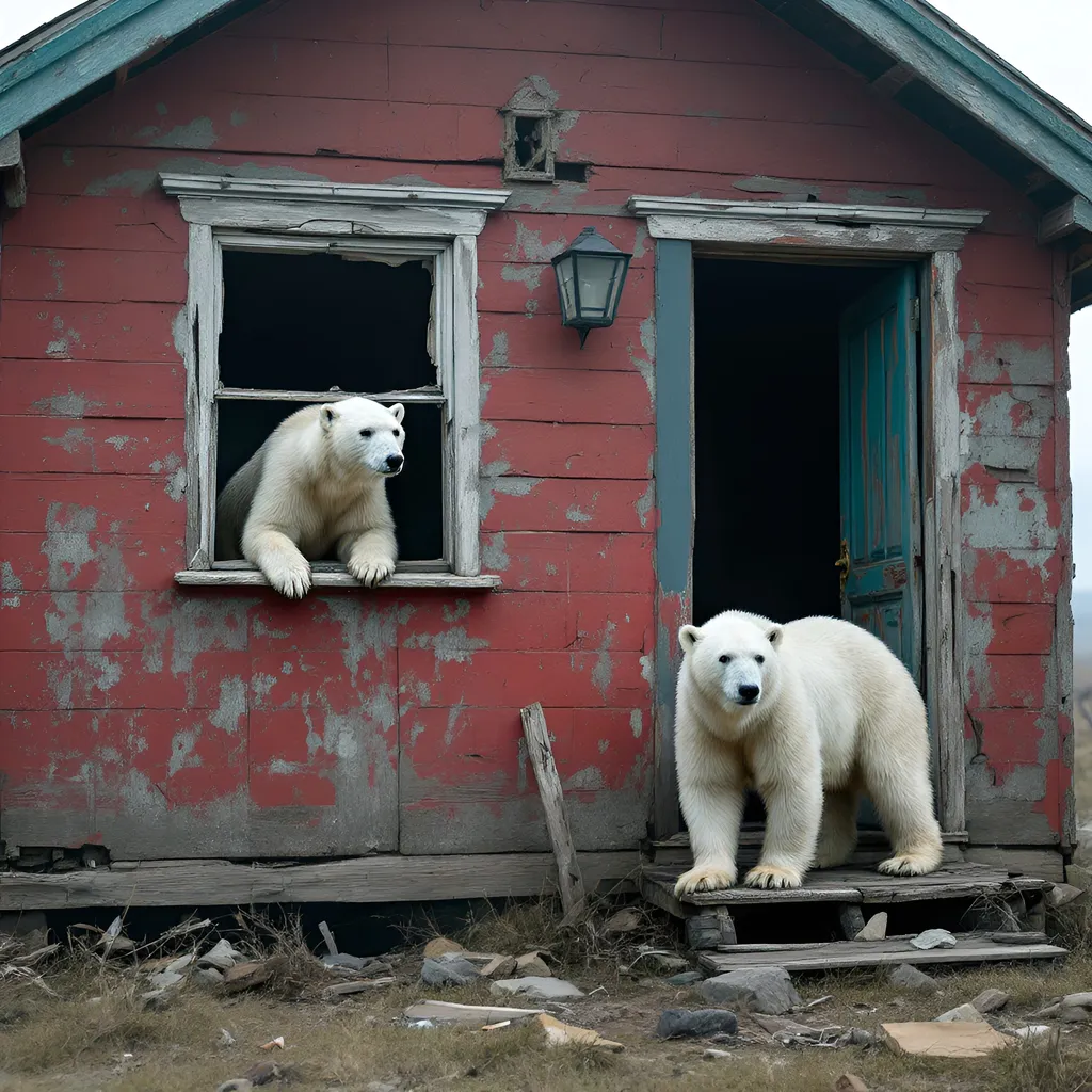 Prompt: Amidst the remnants of a dilapidated wooden house, two polar bears capture attention—their striking white fur contrasting sharply with the weathered, multicolored exterior of the structure, where peeling red paint and rotting wood tell a story of abandonment. One bear leans from a broken window, its curious gaze peering out into the desolate surroundings, while the other stands at the entrance, poised and alert, as if surveying its domain. The scene, shrouded in a somber atmosphere, depicts the intersection of nature and decay, illuminated by soft, diffused light typical of an overcast day, emphasizing the bleakness of both the environment and the bears’ presence amidst human neglect. A crumbling porch and scattered debris complete the visual narrative, evoking feelings of desolation while hinting at a world where wildlife encroaches upon forgotten human spaces.
