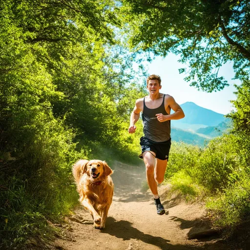 Prompt: Visualize a breathtaking scene of a young athletic man and his loyal golden retriever, captured mid-motion as they sprint joyfully down a rugged mountain path. Their forms, intertwined with the lush greenery of towering trees and the winding trail below, blend seamlessly to create a stunning double exposure effect. Sunlight filters through the leaves, casting dappled shadows that dance across their figures, while distant mountains loom majestically in the background. The atmosphere is alive with energy, the vibrancy of the colors enhanced by thick brush strokes and impasto techniques, giving the artwork a tactile, three-dimensional quality. This masterpiece, with its impressionist flair, is rendered in exquisite 8k resolution, capturing each luscious detail and inviting viewers into a world where man, dog, and nature unite harmoniously.