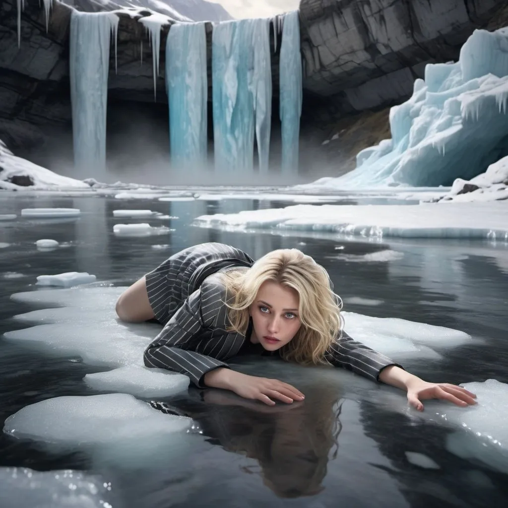 Prompt: Photorealistic icy river with small ice floes, close up on distressed fearful blonde woman lying on ice in colorful tattered modern gray pinstriped miniskirt suit-dress, sprawled on ice floe, holding on desperately, rushing waterfall in background, high quality, photorealistic, icy tones, distressed clothing, dangerous waterfall, realistic water, detailed reflections, atmospheric lighting