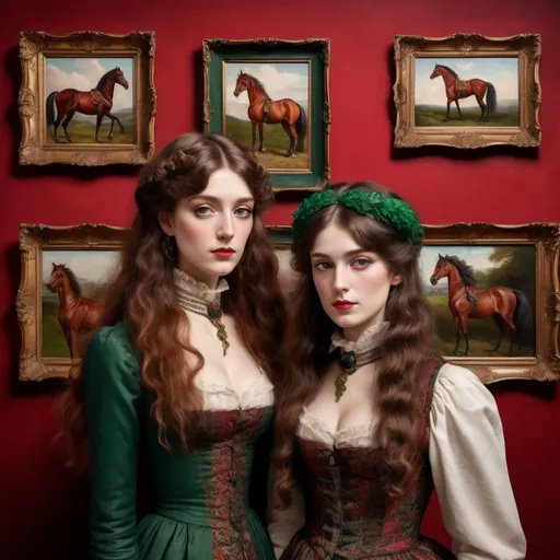 Prompt: Wall of framed Victorian horse and landscape paintings in a London bordello, vibrant red, green, and black tones, two 2020s female tourists in their twenties, UHD facial details, detailed eyes, lips, different heights, hairstyles, wearing short dresses and coats, varying heights and hairstyles, stare at paintings, historical, detailed, elegant, pre-Raphaelite, 19th century, intricate hair, contrasting heights, vintage, detailed beer trays, professional lighting, highres, detailed artistry, Victorian ambiance