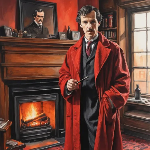 Prompt: Colored ink drawing. Sherlock Holmes in study, long robe, smoking pipe, red and black tones, standing at fireplace, 1980s boombox on mantle, London street through window, detailed facial features, realistic oil painting, vintage detective style, warm, moody lighting, classic literature, 1980s, detailed robe and fireplace, high quality, realistic, vintage, warm lighting