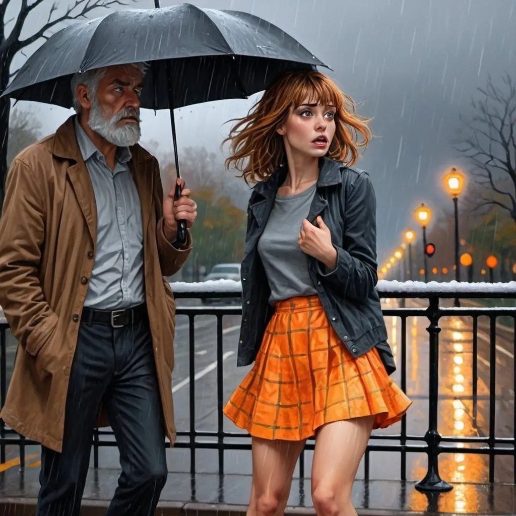 Prompt: 4k, high resolution, detailed, mixed media, colored inks, gouache, watercolor, dramatic, expressionism, rain, wind, snow, dark clouds. Prism, checkerboard, luminous, surrealistic, pretty orange bangs woman and gray-haired, gray bearded, man argue angry upset strong emotion, lean against railing,  park, autumn, street light, raining, blue eyes, short brown  bangs hair,  cute flared mini skirt reveals legs ,focus on legs, high heels, close up, dark colors , night,  detailed eyes, dramatic expression, autumn park,  raining, professional, fashion , orange themed photo  