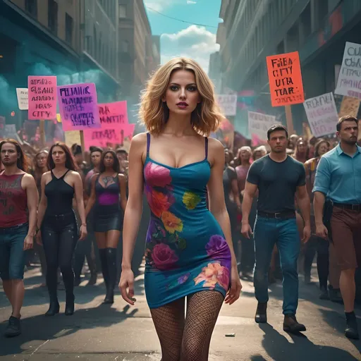 Prompt: A pretty woman in a very short floral dress and fishnet tights, surrounded by political protesters, vibrant color scheme, fantasy style, high depth cinematic masterpiece, intense and dramatic lighting, vivid and bold hues, emotional intensity, protesters holding signs with powerful messages, city street background with dynamic energy, (atmospheric tension), ultra-detailed, 4K, photorealistic quality.