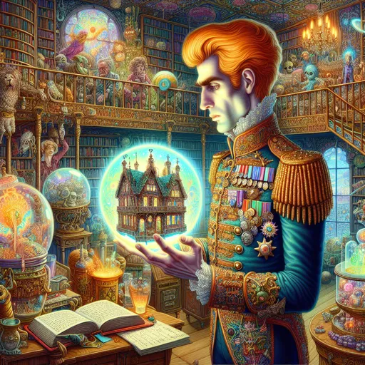 Prompt: Charles Robinson style illustration, strong colors, Surrealism, bizarre, fantastical, fantasy, a magical house, a vast Victorian library, A military man touches a magical globe at work,  25 year old, neat trim orange hair,  embroidered uniform, medals, Surreal, detailed facial features 