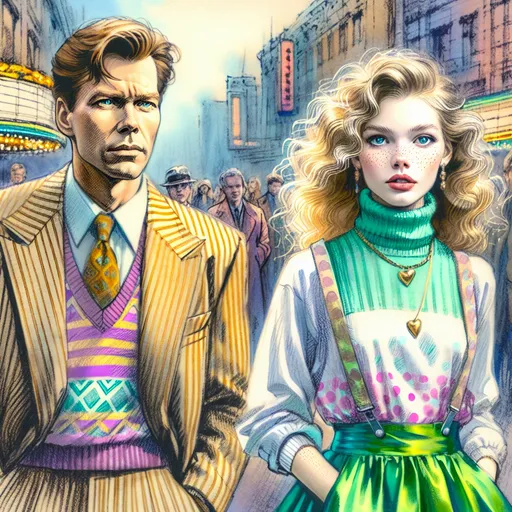 Prompt: Colored pencils, mixed media, gouache, watercolor, ink. Pastel tones. A man and a woman. Intense emotions. Full body shot. Man is worried, tall, trendy suit, brown hair, 45. Woman is beautiful blonde haired with many freckles. wavy hair, raw photo. Look at each other with worry and concern. Aged rundown movie house in background.  Slender small-waist long legs, melancholy woman, two bright blue eyes, three quarter profile, embracing man near people in movie line.  She wears very tight, very short thigh-high. Green Polka dot satin miniskirt with turtleneck, long heart shaped necklace , natural textured skin, high-quality, detailed, realistic, , atmospheric lighting, movie patrons in background, blonde woman in miniskirt , tights, leggy