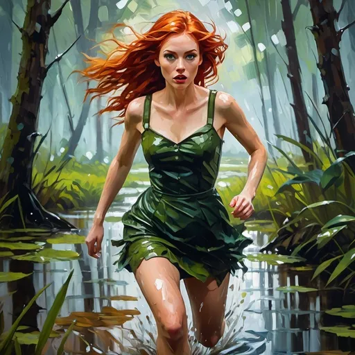 Prompt: Stylized rough impressionistic painting with large palette-knife fraught fearful, frightened, running redhead in minidress and ripped tights, being chased through a swamp, trees, wet foliage, unreal engine 5, perfection, rich deep colors, realism, detailed face, sharp focus, swamp setting, detailed foliage, highres, perfect realism, vivid colors, intense chase, dramatic lighting