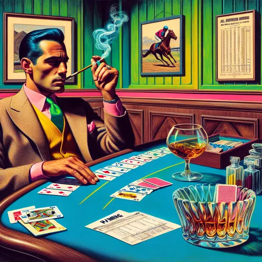 Prompt: Surrealism style image, colored inks, gouache, triadic color pink green blue, handsome man in (hotel lobby), playing solitaire stubbing out cigarette in a (glass ashtray), (vintage elements), bright and vibrant color scheme, whisky glass, racing form.