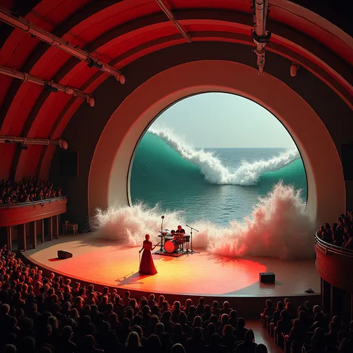 Prompt: Create a hyper-realistic scene of the Hollywood Bowl as Joni Mitchell is performing onstage. The red and black and gold tones show off the drama as an ocean tsunami crashes through the seats, scattering the crowd and threatening the stage.