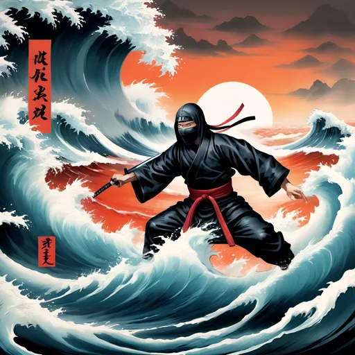 Prompt: Traditional Japanese art of a ninja, oversized pill capsule, approaching tsunami, detailed waves, intense action, high quality, traditional art style, bold brush strokes, dramatic lighting, cool color tones, detailed ninja attire, ancient art, traditional technique, dynamic composition, dramatic storytelling