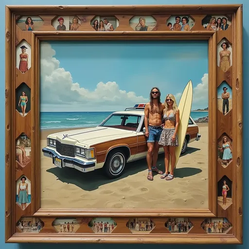 Prompt: a decorative frame with pictures of people in 1960s hippie clothing and a wood paneling car (station wagon with surfboard) a man and blonde woman in very short miniskirt standing on the beach, Daniel Merriam, folk art, intricate oil painting, a detailed painting