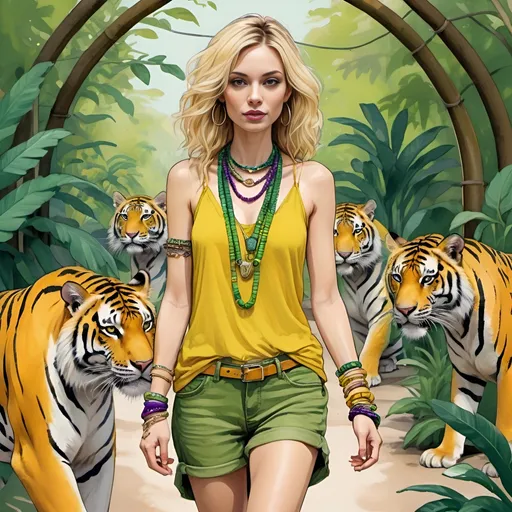 Prompt: A alluring and  striking illustration featuring a slender woman (with medium length blonde with purple roots bohemian hair) with (too many bracelets on her wrists) and a varied necklaces of different lengths) walking through the tiger enclosure at the zoo. The color palette is a delightful combination of jungle green and cheerful yellow hues, with a touch of insouciant attitude. A fashion illustration.