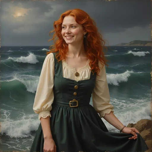 Prompt: Oil painting in the style of the Romantic movement, featuring a near exact replica of the distinct face Eleanor Tomlinson as Demelza Poldark. She stands with wide happy joyful smile against a tumultuous ocean, her red hair catching the dim light. Capture the emotional intensity of her character, focusing on the interplay of her rough-hewn strength and newfound grace. Intricate details on the hand-painted fabric of her dress. By John William Waterhouse."