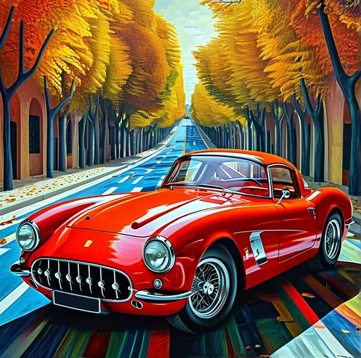 Prompt: (surrealism style), vibrant colors, (M.C. Escher-inspired) Ferrari 250 GT , featuring intricate geometric patterns and mind-bending perspectives, dynamic shadows and highlights, creating an illusion of depth, captivating ambiance, (ultra-detailed), emphasizing the contrast of the corvette against the colorful and complex roadway design, whirling reds and blacks and numbers, inviting viewers to explore.