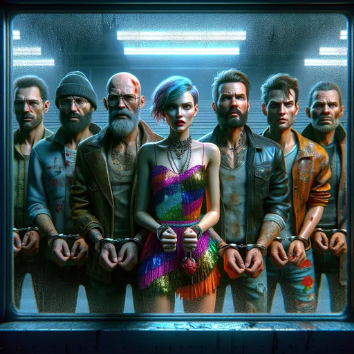 Prompt: Full body photorealistic Portrait of four handcuffed male prisoner suspects dressed in old worn clothes and one petite Caucasian female prison dressed in trendy nightclub colorful style, in a suspect lineup, photorealistic, vibrant colors, one petite female suspect, four dangerous Caucasian male suspects, seen through a 
 (two-way glass) viewing window, intense scene, contrasting personalities, dramatic lighting, ultra-detailed facial expressions, institutional background, gritty textures, realistic clothing, high detail rendering, cinematic composition, HD quality.