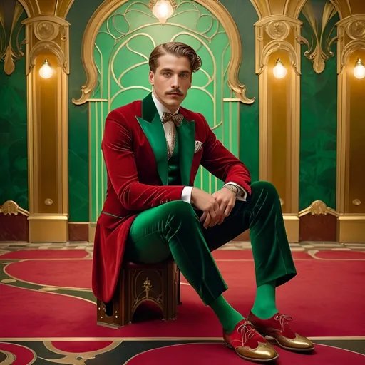 Prompt:  a lonely man sitting in an eerie art nouveau decorated ballroom, in a 1920s red velvet suit, saddle shoes. He has piercing green eyes,  golden brown hair, night, 4k, high quality, a complex stunning portrait of a man with high detail