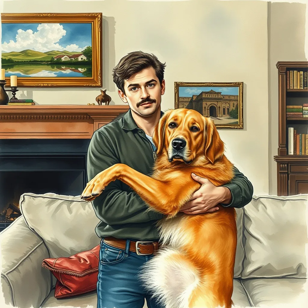 Prompt: a 21 year old man with mustache holding a large golden retriever which leans against him. in a living room with a fireplace and a couch in front of him, Dennis Ashbaugh, renaissance, 1 9 7 0 s, watercolor, gouache, ink, mixed media.