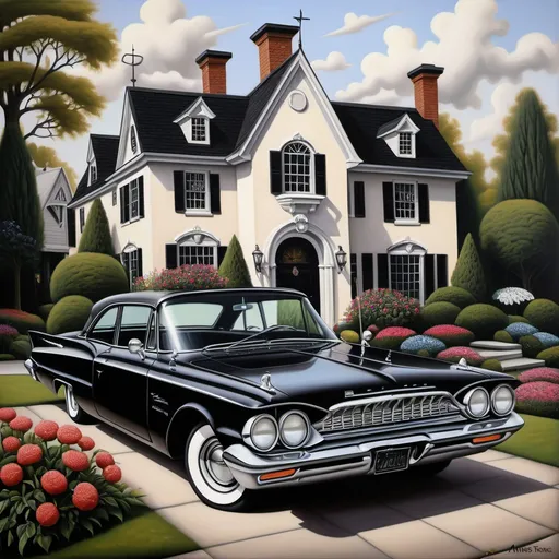 Prompt: a painting of a black 1961 Plymouth car parked in front of a fancy house with black flowers on the roof, Anne Stokes, folk art, detailed painting, a detailed painting