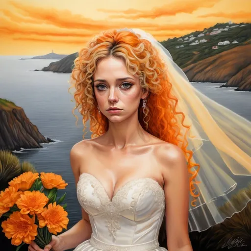 Prompt: Black and orange tones. Other Surreal colors, yellow sky, orange water, clothing. Mixed media including dynamic colored pencil. Drip technique. Upset female bride, blonde curly hair, worried look, indecisive, bouquet clutch, stands on a high bluff facing San Francisco Bay view, stylized, detailed facial expression , high quality, emotional, traditional, fine art, colored pencil, coastal landscape, worried expression, curly hair, bridal gown, detailed pencil strokes, realistic, dramatic lighting