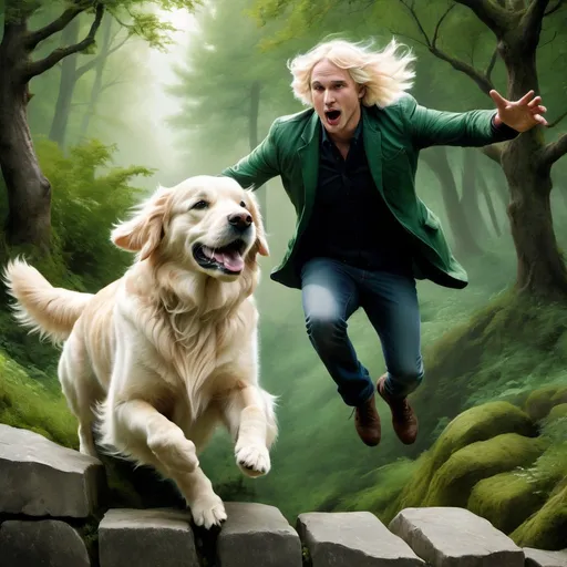 Prompt: Magic realism, surrealist. Heavyset man and white golden retriever leaping over a low stone wall, green forest in background, extreme action pose, dramatic lighting, impressionist style, high contrast, intense, realistic rendering, dynamic, raw, forest setting, intense movement, detailed features, highres, dynamic lighting