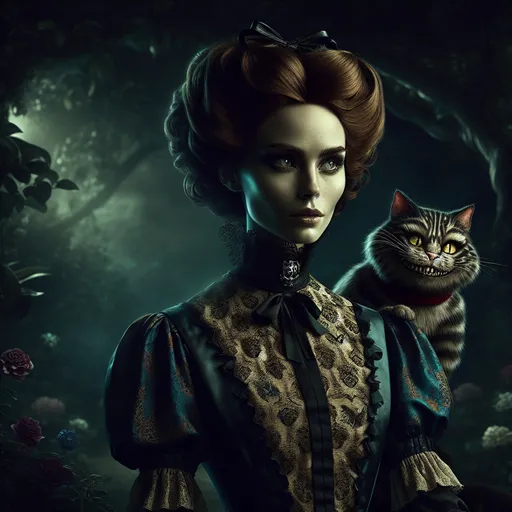 Prompt: High-res, hyper-realistic full body portrait of slender female gothic Alice IN WONDERLAND in garden with Cheshire Cat, realistic oil painting, intense and piercing gaze, Victorian-era attire, dark and moody lighting, detailed facial features, enigmatic expression, classic FAntasy style, deep shadows and highlights, brooding atmosphere, professional, Digital Art, portrait, high-functioning sociopath, Victorian, intense gaze, detailed features, moody lighting, enigmatic,, Brooding atmosphere