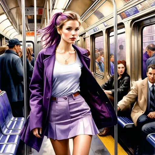 Prompt: Steve Hanks style full body watercolor portrait of a slender 25 year-old English woman, standing inside moving crowded New York subway car, detailed facial features, purple pigtails hair, long purple jacket, very short leggy flared purple miniskirt, skin color tights, dynamic action, exciting pose, standing inside subway car, romantic style, watercolor, vibrant colors, detailed eyes, best quality, highres, whimsical, Steve  Hanks watercolor style, vibrant hues, detailed, scenic lighting