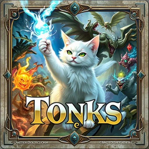 Prompt: (Artistic masterpiece) of a Magic the Gathering playing card with borders, main character is a white cat, magic typography spells the word Tonks ( T O N K S) vibrant colors, detailed fantasy illustration, dynamic action scene illustrating powerful spells, intricate borders, diverse magical creatures, ambient mystical glow, dramatic shadows, immersive storytelling, high detail, enchanting atmosphere, ultra-detailed white cat, captivating, professional-quality design.