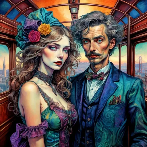 Prompt: Surrealistic, fantastical mystery mystic mythic illustration of a man and woman in party attire, UHD facial features, San Francisco cable car, Arthur Rackham style, vibrant colored triadic inks, bizarre, short dresses, fantasy, detailed, highres, surreal, magical lighting, vibrant colors, professional, atmospheric lighting