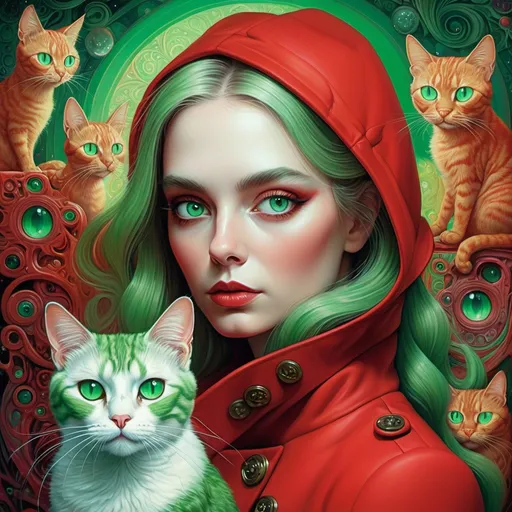Prompt: a painting of a woman with green eyes and wearing a red coat and a cat in the background, Daniel Merriam, psychedelic art, highly detailed digital painting, a detailed painting