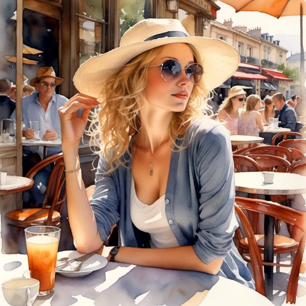 Prompt: <mymodel> Watercolor blonde woman at a French cafe. Portrait in the style of Steve Hanks