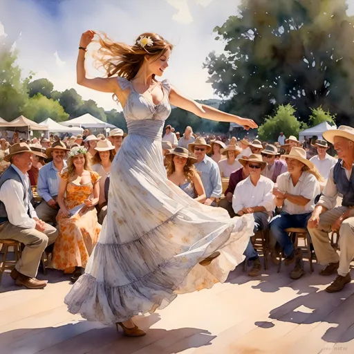 Prompt: <mymodel>renaissance fair, woman dancing and playing tambourine on stage in floral dress, style of Steve hanks