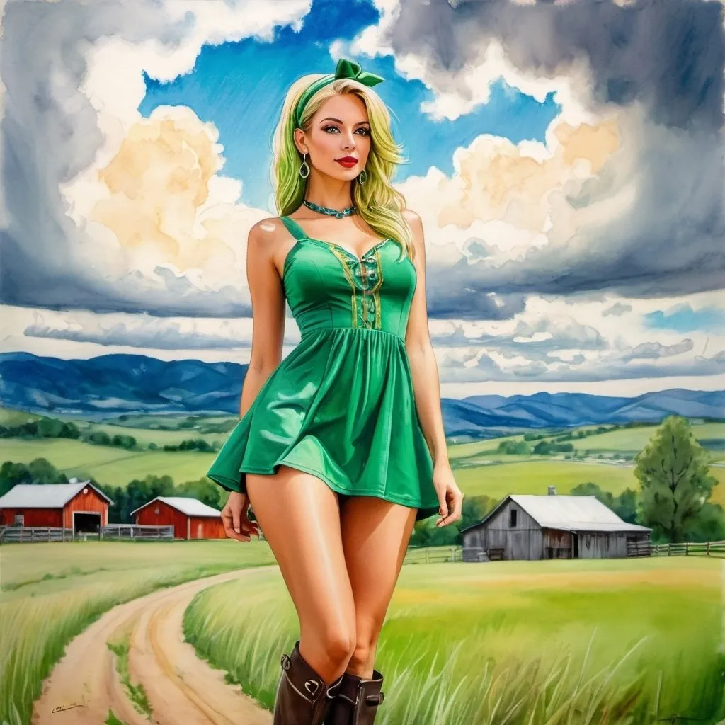 Prompt: Colored pencils, mixed media, gouache, watercolor, ink. Pastel tones. Ranch in background. Slender small-waist long legs, boots, pretty woman, blonde green  hair, headband, two bright green eyes, looks up to one side, watching clouds in the sky, mature 30 years old, tight very short greeen and gold babydoll minidress, natural textured skin, long earrings, sunny day, rural setting, detailed facial features, high-quality, detailed, realistic, sunny day, atmospheric lighting, ranch, Babydoll minidress, tights, leggy