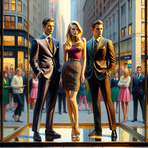 Prompt: "Full length full body thick impasto oil painting art by James Avati , invent a three Caucasian people slender protagonist,  vibrant blonde female character in miniskirt, standing next to men in shiny suits inside department store window busy street background"