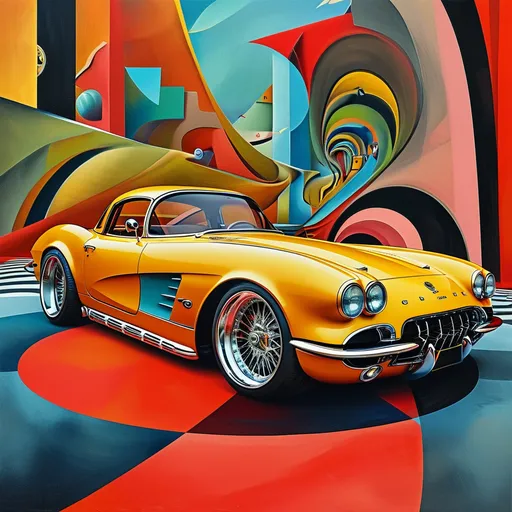 Prompt: (surrealism style), vibrant colors, (M.C. Escher-inspired) 1963 split-window corvette , featuring intricate geometric patterns and mind-bending perspectives, dynamic shadows and highlights, creating an illusion of depth, captivating ambiance, (ultra-detailed), emphasizing the contrast of the corvette against the colorful and complex roadway design, whirling reds and blacks and numbers, inviting viewers to explore.