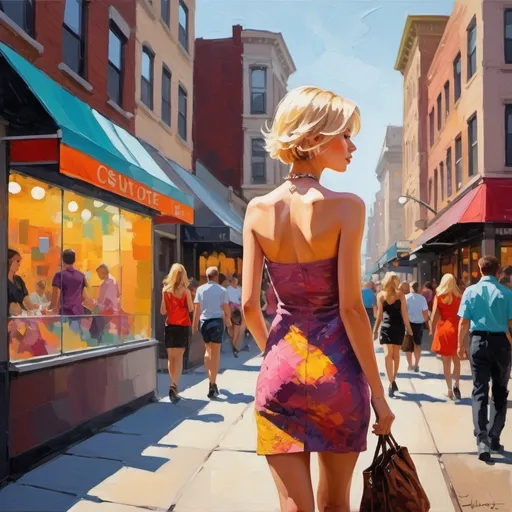 Prompt: (feminine silhouette), impressionism style, thick impasto oil painting, vibrant color scheme, modern fashion illustration, slender figure, short blonde chin-length hair, walking in a bustling fashion district, seen in profile, sunny day, scarf, purse, makeup, lots of eccentric jewelry , very short tight minidress, dynamic atmosphere, effervescent light, warm tones, high detail, lively background with colorful storefronts and bustling crowds.
