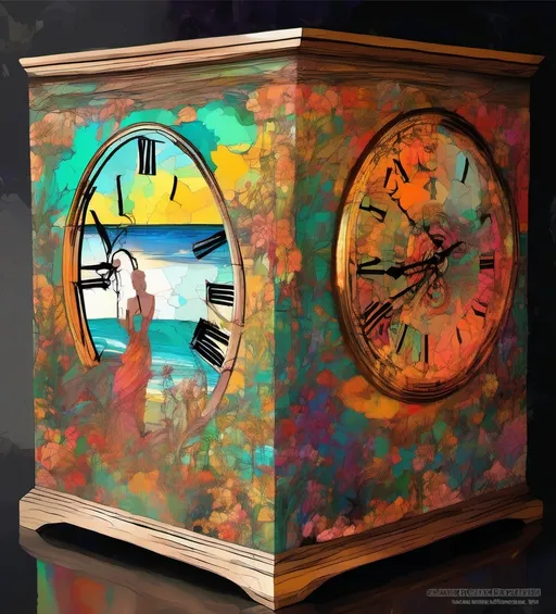 Prompt: Decorative grandfather long case clock, art deco style, vibrant color scheme, featuring intricate images of people and a serene beach scene on its sides, capturing a man and woman standing on the beach. This masterpiece resembles the work of Daniel Merriam, showcasing folk art elegance in an intricate oil painting, ultra-detailed and richly textured, with a focus on the ornate elements and vivid colors.