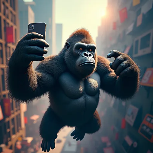 Prompt: (accurately spelled text "king kong"), (King Kong) hanging from a building holding a large cellphone, doing a selfie , bustling city backdrop, dynamic urban scene, modern design, (Chris LaBrooy) style, clean typography, vibrant colors, high contrast, contemporary art, visually striking composition of cellphone, dramatic lighting, cinematic atmosphere, 4K detail, captivating poster art.