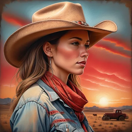 Prompt: Chalk pastel illustration, strong and confident woman in profile, wide-brimmed timeworn cowboy hat, classic Western shirt with intricate stitching, vibrant red bandana, set against a rustic Western backdrop with dusty plains and a fading sunset, soft textured strokes, vibrant pastels, warm earthy tones, evocative ambiance, ultra-detailed, masterful blending of colors.