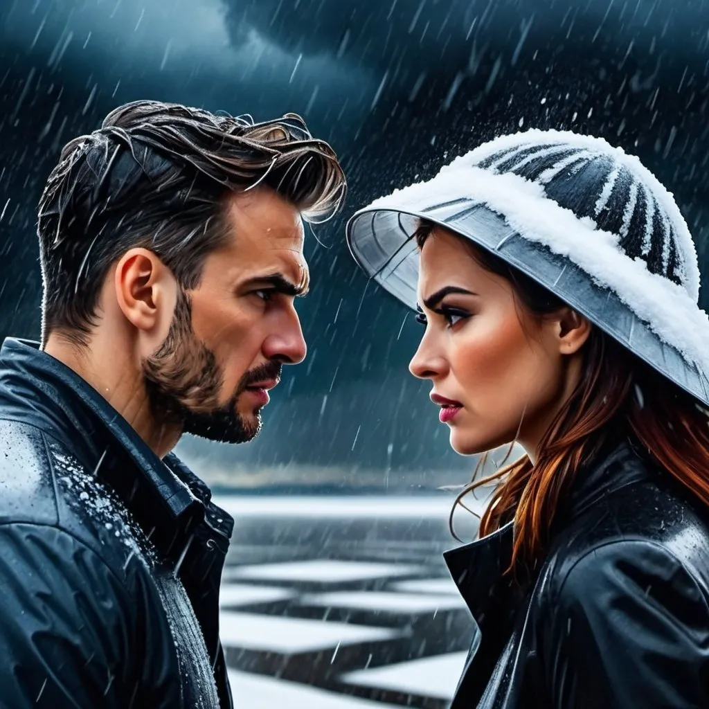 Prompt: 4k, high resolution, detailed, cubist, checkerboard, bright contrasting colors, dramatic, expressionism, rain, wind, snow, dark clouds. woman and man argue angry upset strong emotion