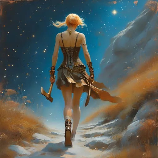 Prompt: (steampunk style), vibrant color scheme, surreal, copper-haired woman, flowing very short minidress, holding an axe in each hand, running up a steep hill, night setting, dreamlike atmosphere, dynamic pose, starry sky, soft watercolor with gouache elements, mixed media techniques, intricate details, fantasy art by Dirk Crabeth, ultra-detailed, high quality.